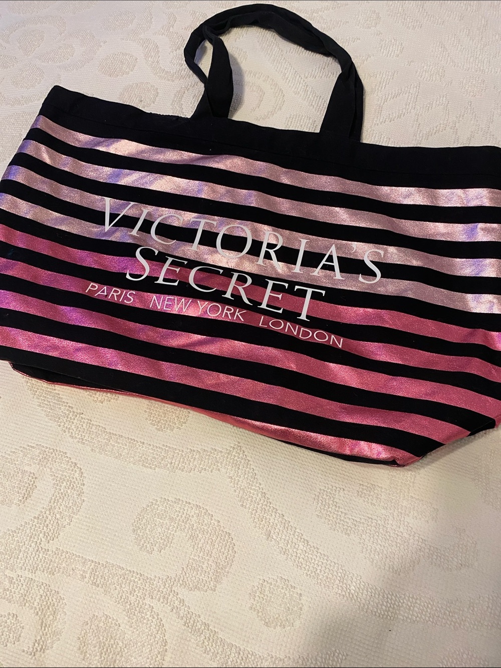 Victoria's Secret Black and Metallic Pink Striped Tote